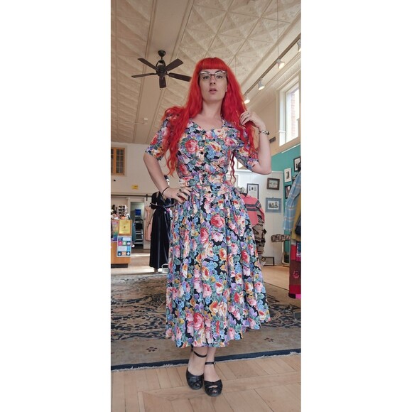 VTG 1980s RGY Black Colorful Cabbage Rose Basque Waist Princess Cotton Sundress - Picture 6 of 11